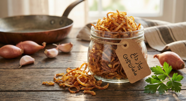 Close up of fried onions and herbs in a bowl