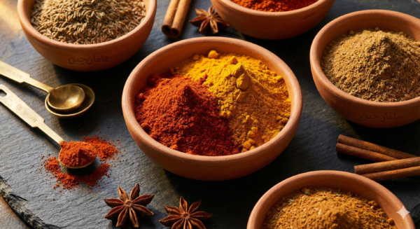 Colorful spices in bowls turmeric paprika saffron