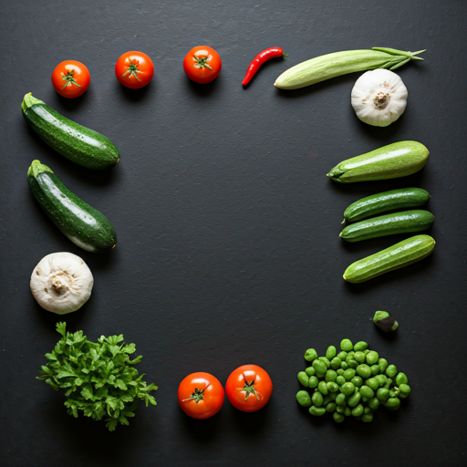 Flat lay of fresh vegetables spices and herbs on a kitchen table representing variety